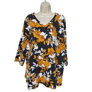 Jessica London Women's Blouse Top Plus Size 26/28 Black Gold White Floral